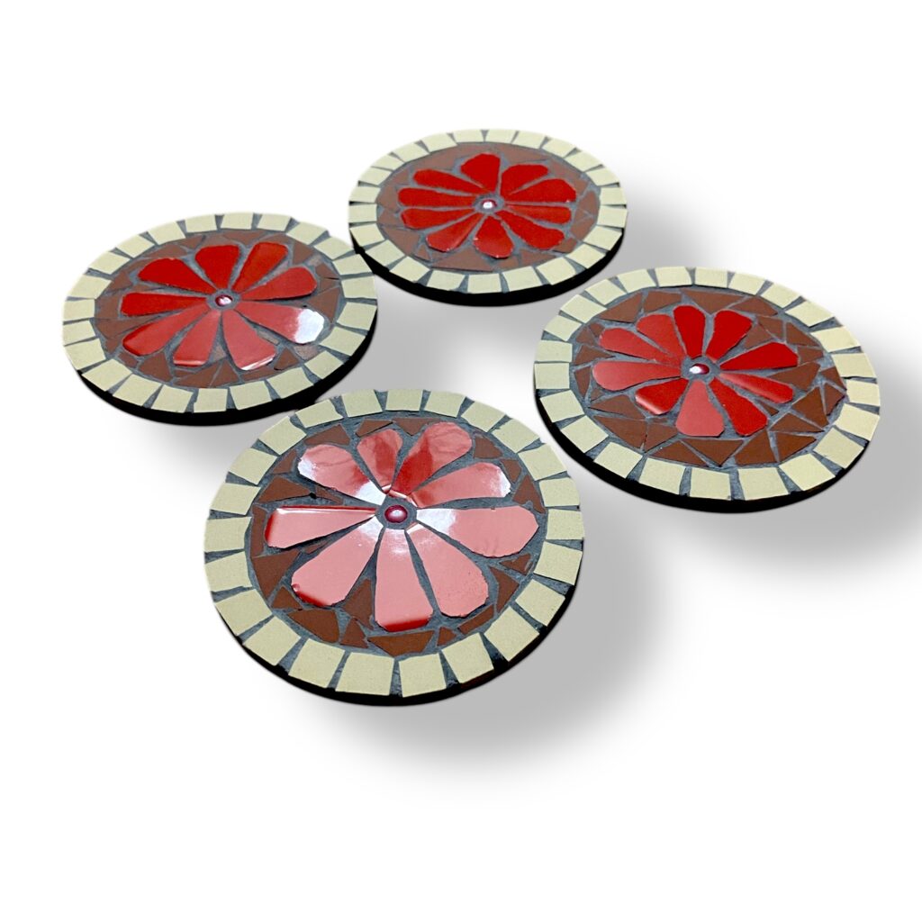 Dessous de verre - fleur rouge en mosaïque fait main