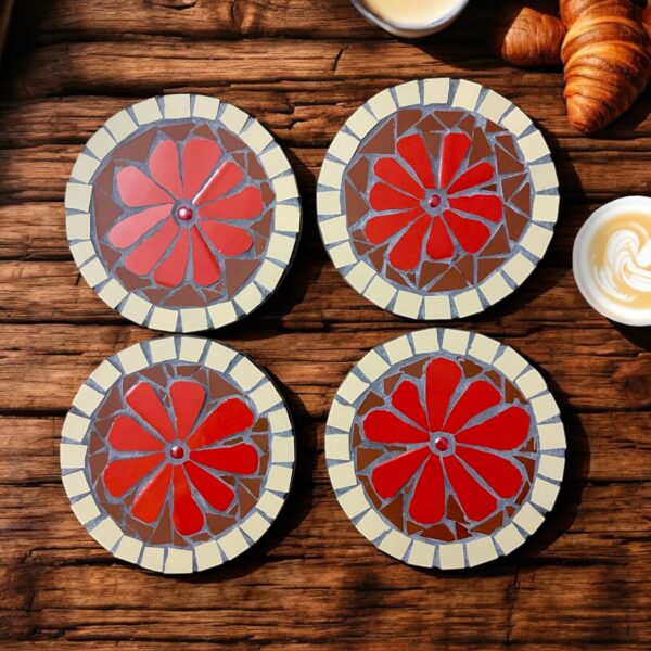 Dessous de verre - fleur rouge en mosaïque fait main